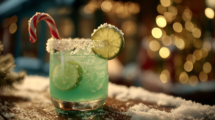 A refreshing lime drink is garnished with a slice of lime and a striped straw, resting on a wooden table while snow falls gently in the background, creating a festive mood.