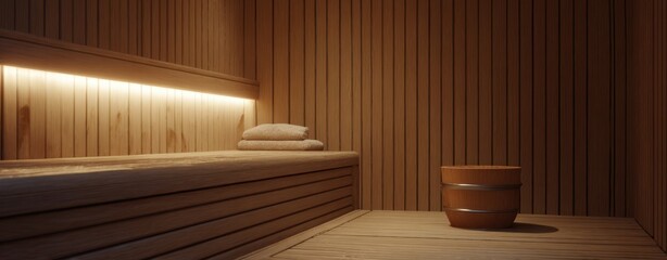 The Sauna Interior with Wooden Benches, Bucket, Towels, and Warm Ambient Lighting