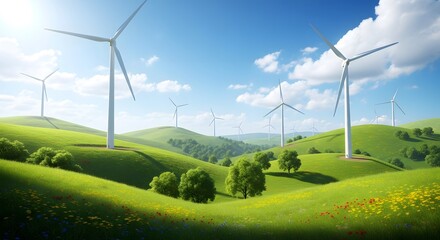 Wind turbines on green hills under a blue sky with scattered clouds on a sunny day landscape view