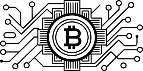 Bitcoin cryptocurrency concept with circuit board lines representing digital network infrastructure