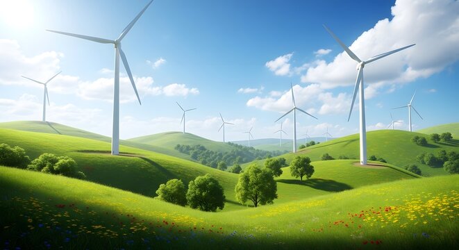Wind turbines on green hills under a blue sky with scattered clouds on a sunny day landscape view - Powered by Adobe