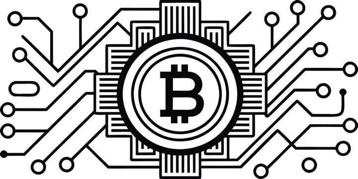 Bitcoin cryptocurrency concept with circuit board lines representing digital network infrastructure