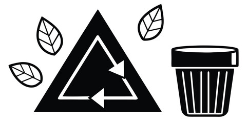 Recycling symbol, leaves, and trash bin icon representing eco-friendly waste management.