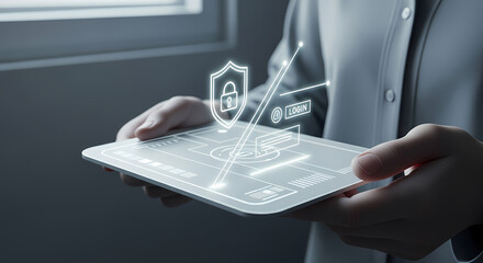 A person holds a tablet displaying a cybersecurity concept with a digital shield and lock, representing data protection and online safety.