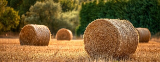 The Hay Bales in a Golden Field at Sunset with Rural Countryside