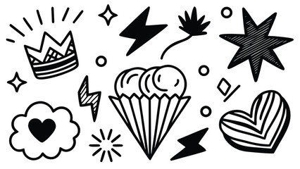 Hand-drawn doodle collection: crown, ice cream, heart, star, and lightning bolt set.