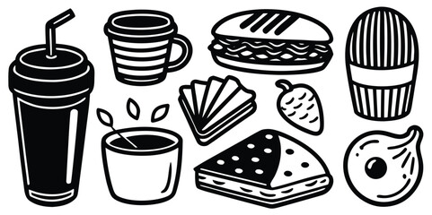 Outline graphic of various fast food, breakfast, and snack items vector illustration