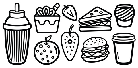Outline collection of fast food, beverages, fruits, and dessert items for menu designs