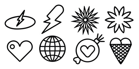 Diverse set of minimalist outline icons including lightning, stars, heart, globe, ice cream.