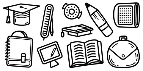 Various school and education-themed line art icons, perfect for learning and study projects.