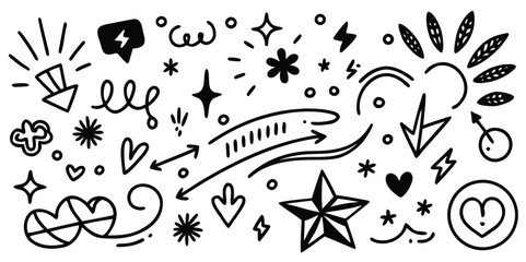 Hand drawn doodle elements set with arrows, stars, hearts, squiggles, and various abstract shapes.