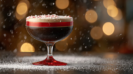A rich espresso martini sits elegantly in a glass, topped with a sprinkle of powdered sugar. The warm glow of the bar lights creates a cozy atmosphere, inviting relaxation.