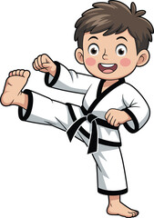 Cartoon child martial artist, karate kick pose, black belt uniform, energetic action, discipline training, sports illustration, confident expression