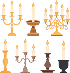 Candle, holder, candelabra, cartoon, illustration, vintage, bronze, gold, black, ornate, flame, decor, antique, vector, lighting, elegant, wax, interior, classic, style