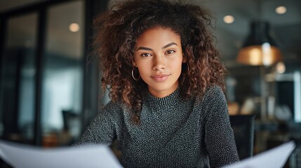 Focused Professional: A young woman, radiating confidence, is engaged in a moment of intense concentration while reviewing important documents at her office.