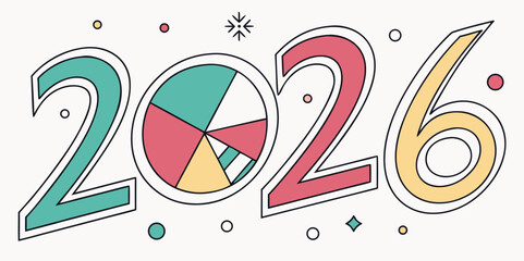 Colorful 2026 year number with pie chart element, modern festive vector illustration