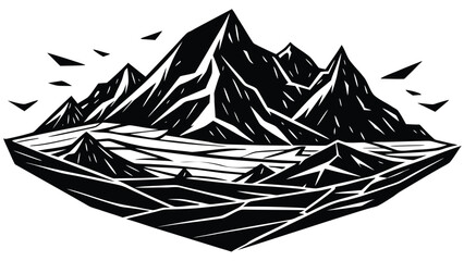 Stylized abstract mountain range landscape illustration with sharp geometric peaks and sky.