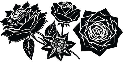 Stylized black and white rose flower illustrations with various intricate petal designs
