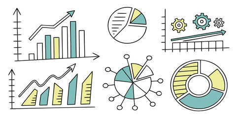Hand drawn business growth charts, data analysis, and financial progress doodle set