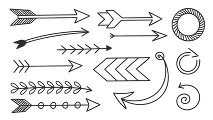 Hand drawn outline arrows, pointers, direction indicators, tribal style symbols, refresh, scroll.