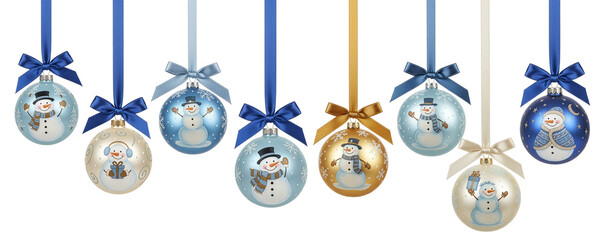 Snowman Christmas ornaments with blue and gold ribbons isolated on transparent background