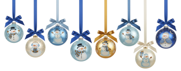 Snowman Christmas ornaments with blue and gold ribbons isolated on transparent background
