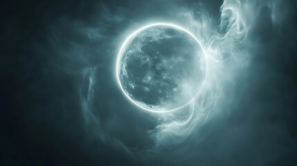 Ethereal full moon glowing amidst swirling clouds, creating a mystical and captivating celestial experience