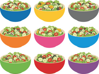 Colorful salad bowls, healthy vegetables, fresh ingredients, grid layout, vibrant food illustration, vegetarian meal, diet concept, nutrition design