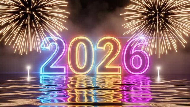 Neon glowing 2026 text with bright fireworks means modern festive new year celebration video background