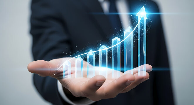 A businessman's hand holds a digital growth chart, symbolizing financial success, business development, and market expansion in a conceptual illustration. - Powered by Adobe