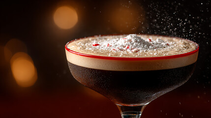 A rich espresso martini sits elegantly in a glass, topped with a sprinkle of powdered sugar. The warm glow of the bar lights creates a cozy atmosphere, inviting relaxation.