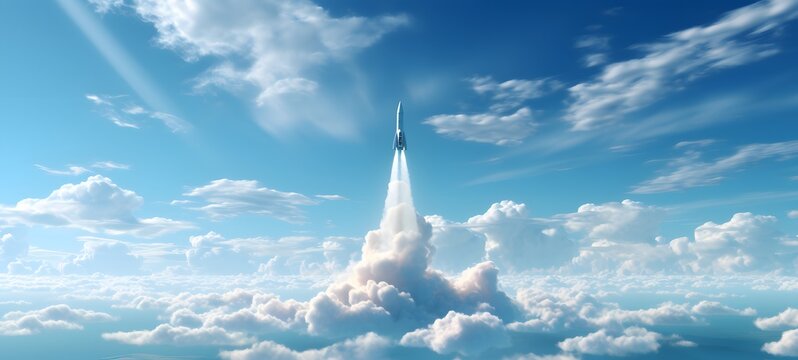 3d render of a white missile coming out from a cloud on a light blue background,generative AI