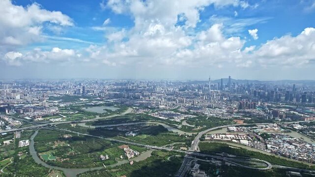 Aerial View of Guangzhou Haizhu District Urban Landscape with Green Spaces and Modern Architecture