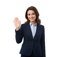 Professional businesswoman confidently waving hello, ready to engage and connect with clients.