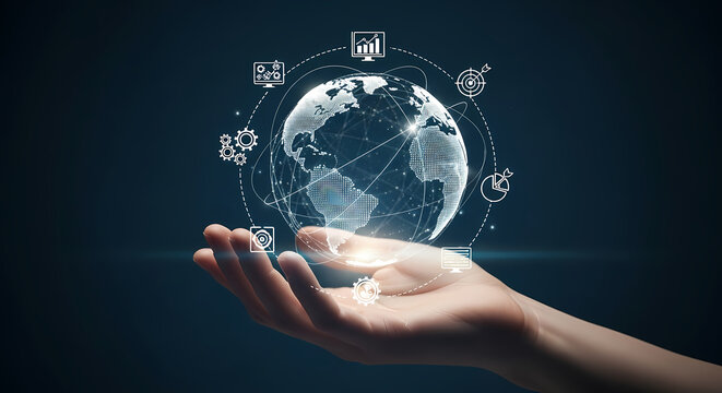 A human hand cradles a digital globe, symbolizing global connectivity, technology, and the interconnectedness of worldwide systems and data.