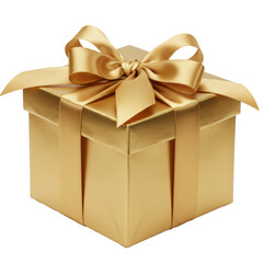 Obraz premium Meticulously crafted square gift box in shiny metallic gold paper with a large satin gold ribbon bow, isolated on a transparent background with copy space, concept of luxury celebration
