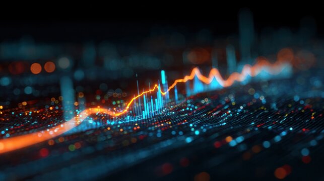 Dynamic Data Stream: Abstract visualization of complex data, featuring a dynamic line graph amidst an array of interconnected data points, evoking innovation and insight.