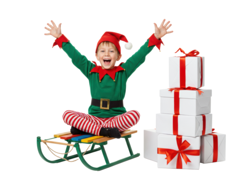 Young caucasian boy in elf costume, joyfully raising arms on colorful sled, next to white gift boxes, against transparent background, Christmas excitement and holiday celebration