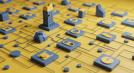 Interconnected City Network Conceptual Illustration with Buildings and Circuit Connections