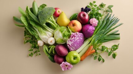 Healthy Heart: A vibrant assortment of fresh vegetables and fruits artfully arranged in the shape of a heart, celebrating health and well-being.