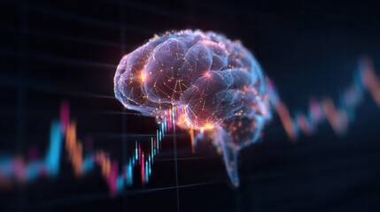 Brain with Trading Chart: A luminous brain hovers over a fluctuating trading chart. This evocative image symbolizes the intersection of human intellect and financial market dynamics.
