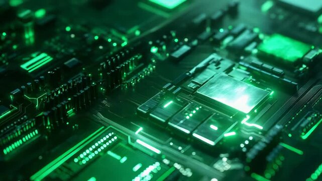 Green glowing circuit board with data flowing