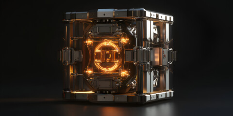 Advanced quantum cryptography device with highly detailed futuristic technology setup