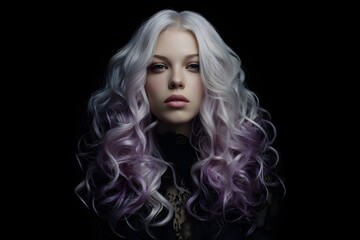 Woman with wavy, bleached, liquid purple roots. The face is calm and symmetrical, illuminated with cinematic precision against a pitch black background with the image evoking beauty and elegance