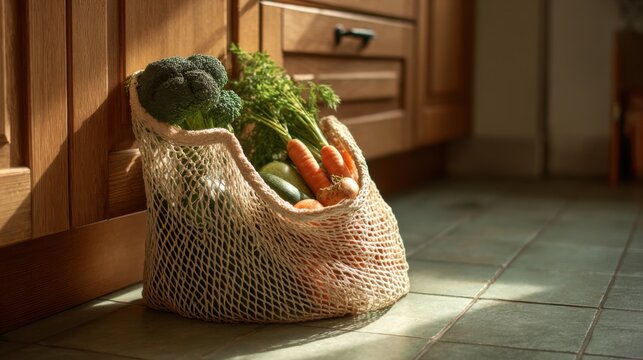 Reusable mesh bag filled with fresh vegetables lying on kitchen floor in warm sunlight ideal for eco lifestyle healthy food visuals and sustainable living concepts