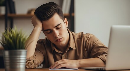 Exhausted Young Man Sleeping at Desk with Laptop Represents Burnout and Overwork in the Modern Workp.jpg