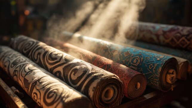 Rolls of patterned fabric illuminated by sunlight in artisan workshop filled with dust particles ideal for textile industry craftsmanship and handmade visuals