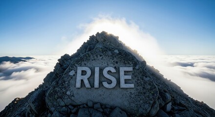 Word RISE carved into mountain peak, dramatic clouds, sunny sky, success achievement