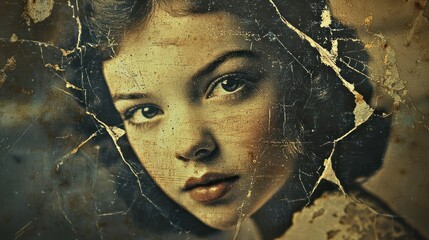 Haunting Portrait of a Young Girl with Fractured and Cracked Surface Texture, Evoking Nostalgia and Fragility