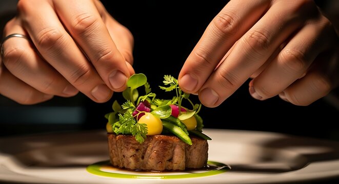 Elevated Culinary Artistry Chef Precisely Garnishing a Gourmet Steak Dish with Fresh Microgreens for.jpg